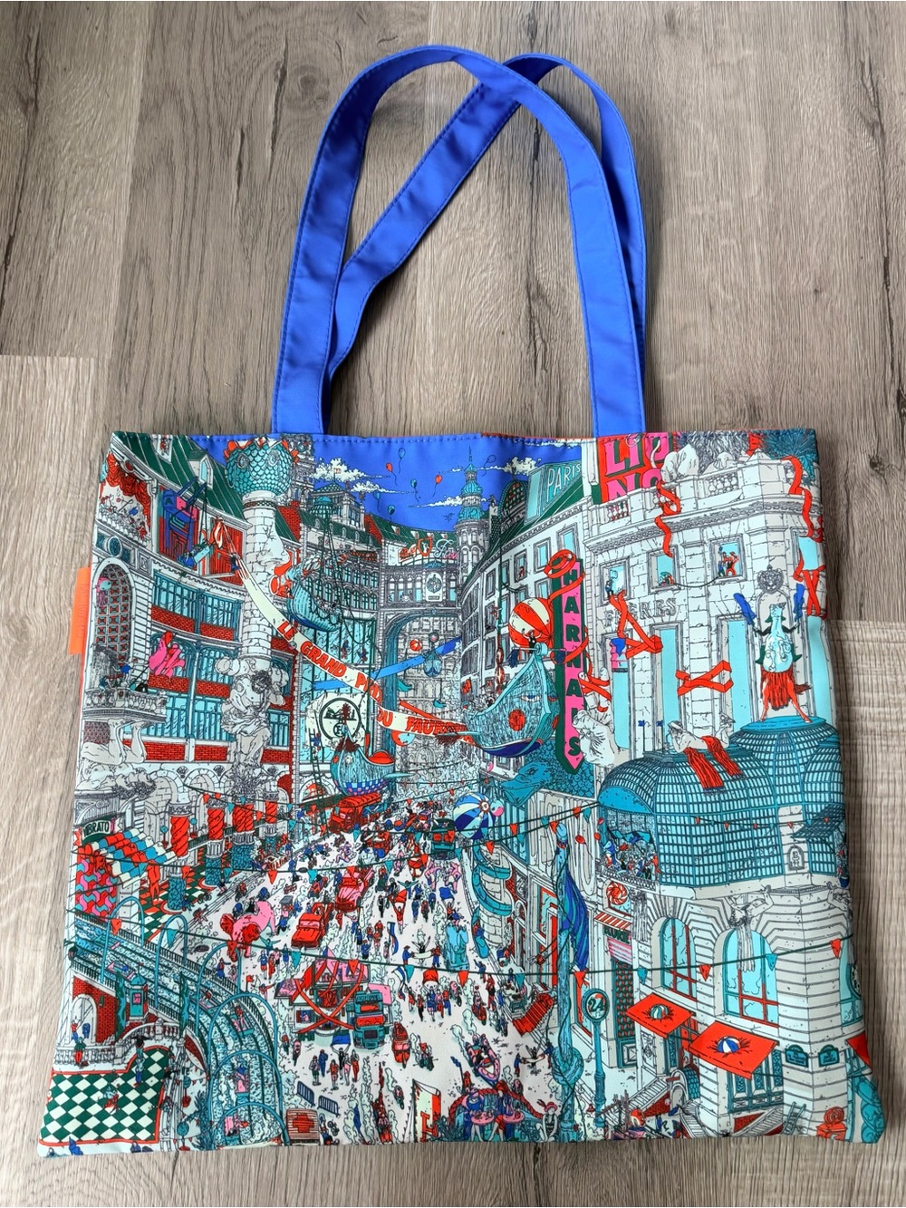 UNBRANDED Red White & Blue Parison Street Scene w Orange Interior Polyester Tote